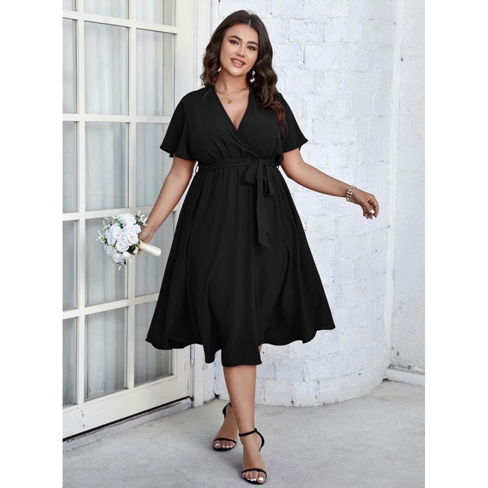Black Wrap Midi Dress Fit & Flare Flutter Sleeve Wedding Guest NWT NEW 2XL